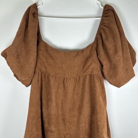 Blue Rain Women's Cassie Bow Back Corduroy Puff Sleeve Mini Brown Dress, Size L - Picture 4 of 12